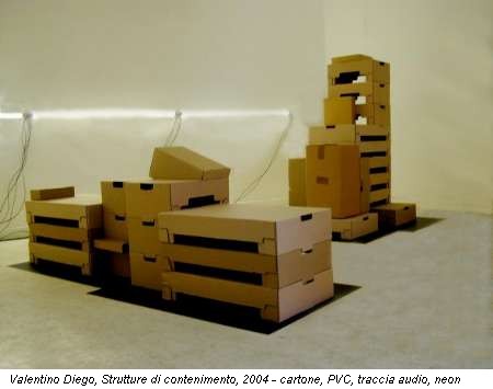 Valentino Diego, Strutture di contenimento, 2004 - cartone, PVC, traccia audio, neon