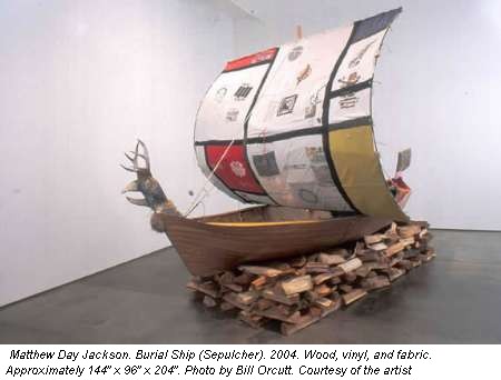 Matthew Day Jackson. Burial Ship (Sepulcher). 2004. Wood, vinyl, and fabric. Approximately 144� x 96� x 204�. Photo by Bill Orcutt. Courtesy of the artist