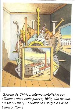 Giorgio de Chirico, Interno metafisico con officina e vista sulla piazza, 1940, olio su tela, cm 60,5 x 50,5, Fondazione Giorgio e Isa de Chirico, Roma