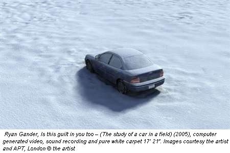Ryan Gander, Is this guilt in you too � (The study of a car in a field) (2005), computer generated video, sound recording and pure white carpet 17� 21�. Images courtesy the artist and APT, London � the artist