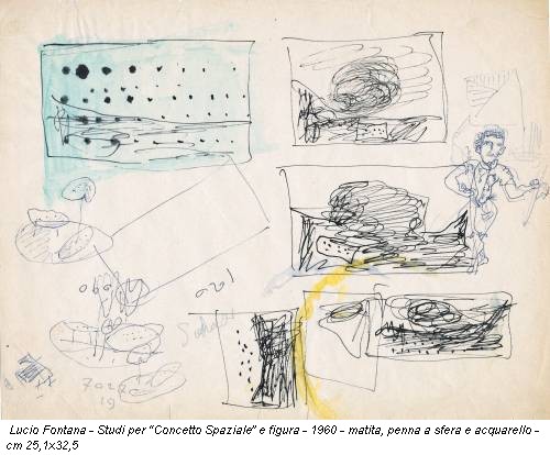 Lucio Fontana - Studi per Concetto Spaziale e figura - 1960 - matita, penna a sfera e acquarello - cm 25,1x32,5
