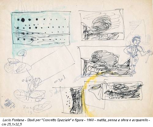 Lucio Fontana - Studi per “Concetto Spaziale” e figura - 1960 - matita, penna a sfera e acquarello - cm 25,1x32,5