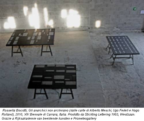 Rossella Biscotti, Gli anarchici non archiviano (dalle carte di Alberto Meschi, Ugo Fedeli e Hugo Rolland), 2010, XIV Biennale di Carrara, Italia. Prodotto da Stichting Lettering 1983, Westzaan. Grazie a Rijksakademie van beeldende kunsten e Prometeogallery