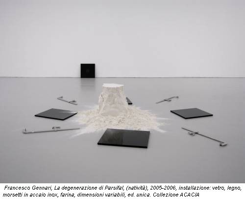Francesco Gennari, La degenerazione di Parsifal, (nativit�), 2005-2006, installazione: vetro, legno, morsetti in accaio inox, farina, dimensioni variabili, ed. unica. Collezione ACACIA