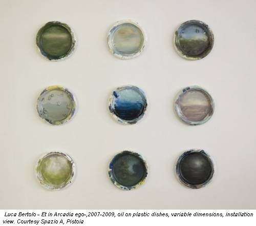 Luca Bertolo - Et in Arcadia ego-,2007-2009, oil on plastic dishes, variable dimensions, installation view. Courtesy Spazio A, Pistoia