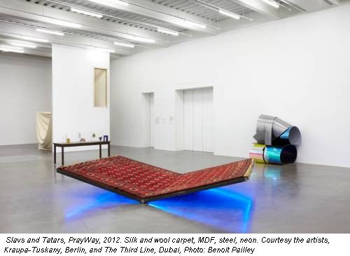 Slavs and Tatars, PrayWay, 2012. Silk and wool carpet, MDF, steel, neon. Courtesy the artists, Kraupa-Tuskany, Berlin, and The Third Line, Dubai, Photo: Benoit Pailley