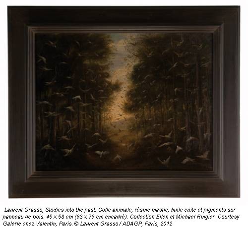 Laurent Grasso, Studies into the past. Colle animale, r&eacute;sine mastic, huile cuite et pigments sur panneau de bois. 45 x 58 cm (63 x 76 cm encadr&eacute;). Collection Ellen et Michael Ringier. Courtesy Galerie chez Valentin, Paris. &copy; Laurent Grasso / ADAGP, Paris, 2012
