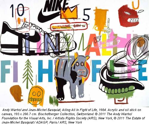 Andy Warhol and Jean-Michel Basquiat, Ailing Ali In Fight of Life, 1984. Acrylic and oil stick on canvas, 193 x 266.7 cm. Bischofberger Collection, Switzerland. &copy; 2011 The Andy Warhol Foundation for the Visual Arts, Inc. / Artists Rights Society (ARS), New York, &copy; 2011 The Estate of Jean-Michel Basquiat / ADAGP, Paris / ARS, New York