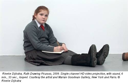 Rineke Dijkstra, Ruth Drawing Picasso, 2009. Single-channel HD video projection, with sound, 6 min., 33 sec., looped. Courtesy the artist and Marian Goodman Gallery, New York and Paris. &copy; Rineke Dijkstra