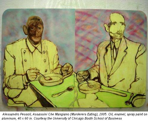 Alessandro Pessoli, Assassini Che Mangiano (Murderers Eating), 2005. Oil, enamel, spray paint on aluminum, 40 x 60 in. Courtesy the University of Chicago Booth School of Business