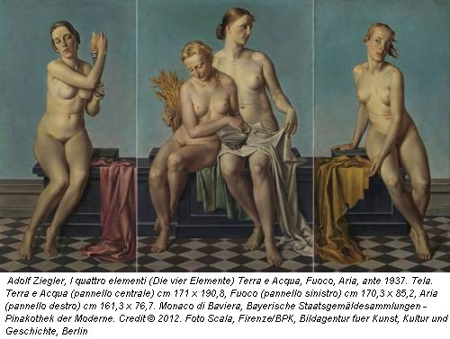 Adolf Ziegler, I quattro elementi (Die vier Elemente) Terra e Acqua, Fuoco, Aria, ante 1937. Tela. Terra e Acqua (pannello centrale) cm 171 x 190,8, Fuoco (pannello sinistro) cm 170,3 x 85,2, Aria (pannello destro) cm 161,3 x 76,7. Monaco di Baviera, Bayerische Staatsgemäldesammlungen - Pinakothek der Moderne. Credit © 2012. Foto Scala, Firenze/BPK, Bildagentur fuer Kunst, Kultur und Geschichte, Berlin