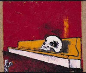 Enzo Cucchi Un re magio 2000 olio su juta cm 34 x 38