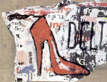 Una scarpa femminile, 1999, décollage su tela, cm 78x113, collezione privata