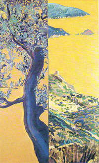 Andrea Volo, Isola rossa-acrilico e olio su tela-due pannelli, ciascuno cm150x150-2000