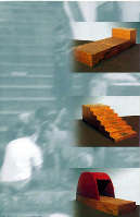 Marco De Luca, La scala (1999-2000) struttura trasformabile in legno, stoffa, acciaio, moquette cm. 80x260x100, cm. 40x340x100, cm. 170x340x100