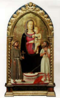 Giovanni di Ser Giovanni, detto lo Scheggia (San Giovanni Valdarno 1406 – Firenze 1486) Madonna con il Bambino in trono tra i Santi Francesco e Girolamo Tempera su tavola cm. 97,5x48,5 