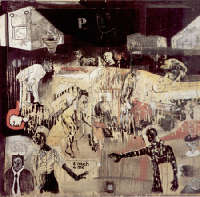 Marco Fantini, La città che sale, olio, smalto e tempera su carta intelaiata, cm 200x225, 2000