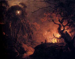 Joshep Wright of Derby, "notturno con cottage in fiamme" 1785/93 circa. Olio su tela