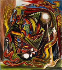 Untitled (Composition with Serpent Mask) (1938-41) Olio su masonite, cm. 30,2 x 26,67 Courtesy Joan T. Washburn Gallery, New York, and The Pollock-Krasner Foundation, Inc. 