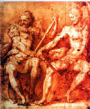 Studio per gli eroi della loggia (recto) e Studi per una decorazione a grottesche (verso), sanguigna, quadrettatura a stilo su carta. Vienna, Graphische Sammlung Albertina 