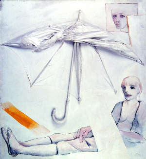 Tadeuzs Kantor, Ombrello e personaggi, 1973, olio, collage su tela, 119x110, Museo Regionale di Bydgoszcz