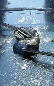 Acconci Studio Mur Island Graz, Austria, 2003 aerial day view 