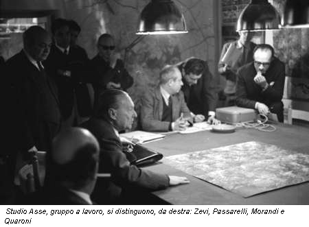 Studio Asse, gruppo a lavoro, si distinguono, da destra: Zevi, Passarelli, Morandi e Quaroni