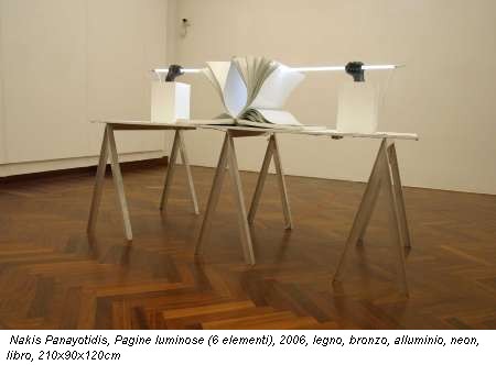 Nakis Panayotidis, Pagine luminose (6 elementi), 2006, legno, bronzo, alluminio, neon, libro, 210x90x120cm