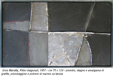Gino Marotta, Ritmi diagonali, 1957 - cm 75 x 120 - piombo, stagno e amalgama di grafite, piombaggine e polvere di marmo su tavola