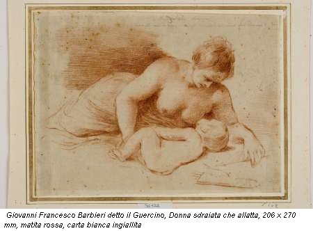 Giovanni Francesco Barbieri detto il Guercino, Donna sdraiata che allatta, 206 x 270 mm, matita rossa, carta bianca ingiallita