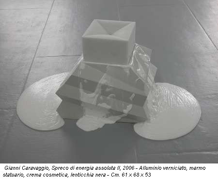 Gianni Caravaggio, Spreco di energia assoluta II, 2006 - Alluminio verniciato, marmo statuario, crema cosmetica, lenticchia nera - Cm. 61 x 68 x 53