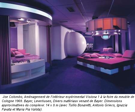 Joe Colombo, Aménagement de l’intérieur expérimental Visiona 1 à la foire du meuble de Cologne 1969. Bayer, Leverkusen, Divers matériaux venant de Bayer. Dimensions approximatives du complexe: 14 x 8 m (avec Tullio Bonaretti, Antonio Grieco, Ignazia Favata et Maria Pia Valota).