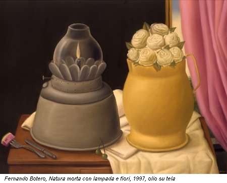 Fernando Botero, Natura morta con lampada e fiori, 1997, olio su tela