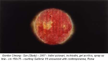 Gordon Cheung - Sun (Study) - 2007 - listini azionari, inchiostro, gel acrilico, spray su tela - cm 150x75 - courtesy Galleria 1/9 unosunove arte contemporanea, Roma