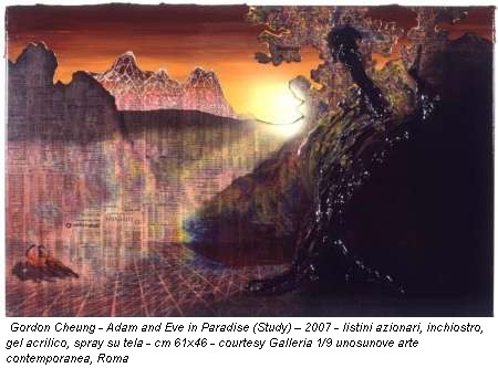 Gordon Cheung - Adam and Eve in Paradise (Study) - 2007 - listini azionari, inchiostro, gel acrilico, spray su tela - cm 61x46 - courtesy Galleria 1/9 unosunove arte contemporanea, Roma