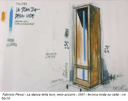 Fabrizio Plessi - La stanza della luce, neon azzurro - 2001 - tecnica mista su carta - cm 50x70
