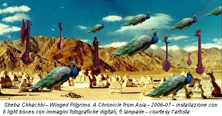 Sheba Chhachhi - Winged Pilgrims: A Chronicle from Asia - 2006-07 - installazione con 8 light boxes con immagini fotografiche digitali, 5 lampade - courtesy l'artista