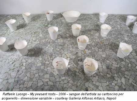 Raffaele Luongo - My peasant roots - 2006 - sangue dell'artista su cartoncino per acquerello - dimensione variabile - courtesy Galleria Alfonso Artiaco, Napoli