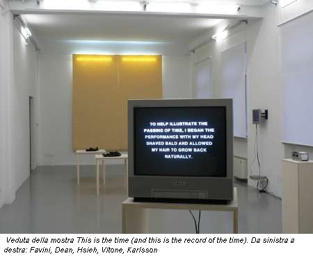 Veduta della mostra This is the time (and this is the record of the time). Da sinistra a destra: Favini, Dean, Hsieh, Vitone, Karlsson
