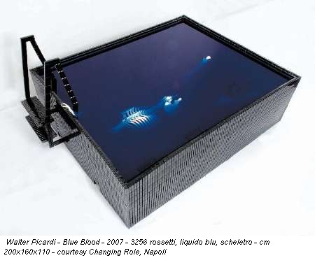 Walter Picardi - Blue Blood - 2007 - 3256 rossetti, liquido blu, scheletro - cm 200x160x110 - courtesy Changing Role, Napoli