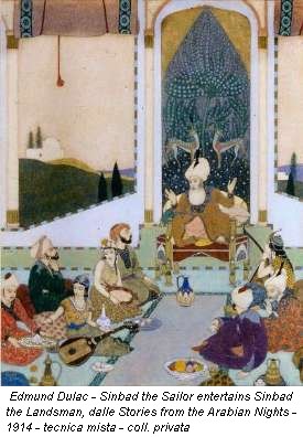 Edmund Dulac - Sinbad the Sailor entertains Sinbad the Landsman, dalle Stories from the Arabian Nights - 1914 - tecnica mista - coll. privata
