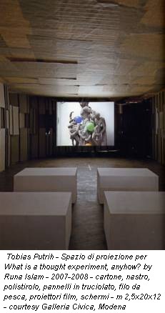 Tobias Putrih - Spazio di proiezione per What is a thought experiment, anyhow? by Runa Islam - 2007-2008 - cartone, nastro, polistirolo, pannelli in truciolato, filo da pesca, proiettori film, schermi - m 2,5x20x12 - courtesy Galleria Civica, Modena