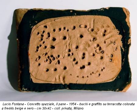 Lucio Fontana - Concetto spaziale, il pane - 1954 - buchi e graffito su terracotta colorata a freddo beige e nero - cm 30x42 - coll. privata, Milano
