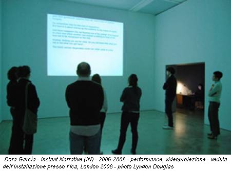 Dora García - Instant Narrative (IN) - 2006-2008 - performance, videoproiezione - veduta dell’installazione presso l’Ica, London 2008 - photo Lyndon Douglas