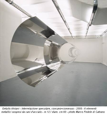 Getulio Alviani - Interrelazione speculare, concavo=convesso - 2008 - 6 elementi metallici sospesi da cavi d’acciaio - m 12 / diam. cm 60 - photo Marco Fedele di Catrano