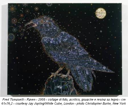 Fred Tomaselli - Raven - 2008 - collage di foto, acrilico, gouache e resina su legno - cm 61x76,2 - courtesy Jay Jopling/White Cube, London - photo Christopher Burke, New York