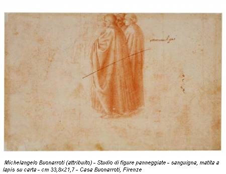 Michelangelo Buonarroti (attribuito) - Studio di figure panneggiate - sanguigna, matita a lapis su carta - cm 33,8x21,7 - Casa Buonarroti, Firenze
