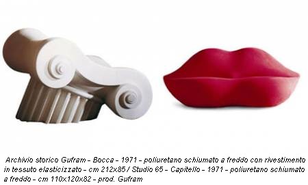 Archivio storico Gufram - Bocca - 1971 - poliuretano schiumato a freddo con rivestimento in tessuto elasticizzato - cm 212x85 / Studio 65 - Capitello - 1971 - poliuretano schiumato a freddo - cm 110x120x82 - prod. Gufram