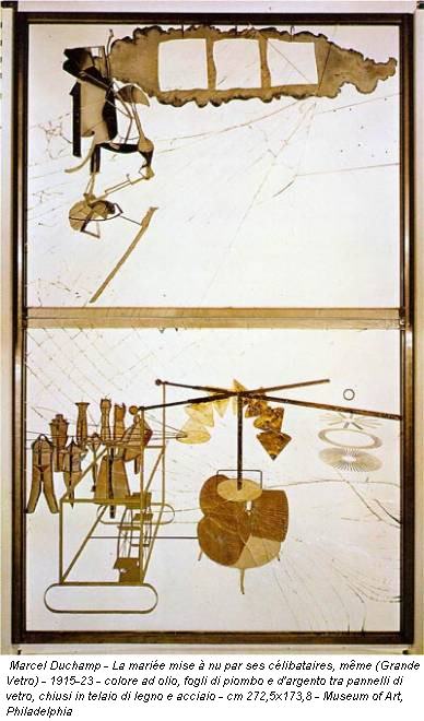 Marcel Duchamp - La mariée mise à nu par ses célibataires, même (Grande Vetro) - 1915-23 - colore ad olio, fogli di piombo e d'argento tra pannelli di vetro, chiusi in telaio di legno e acciaio - cm 272,5x173,8 - Museum of Art, Philadelphia
