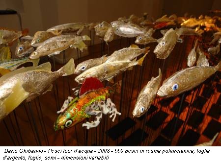 Dario Ghibaudo - Pesci fuor d’acqua - 2008 - 550 pesci in resina poliuretanica, foglia d’argento, foglie, semi - dimensioni variabili